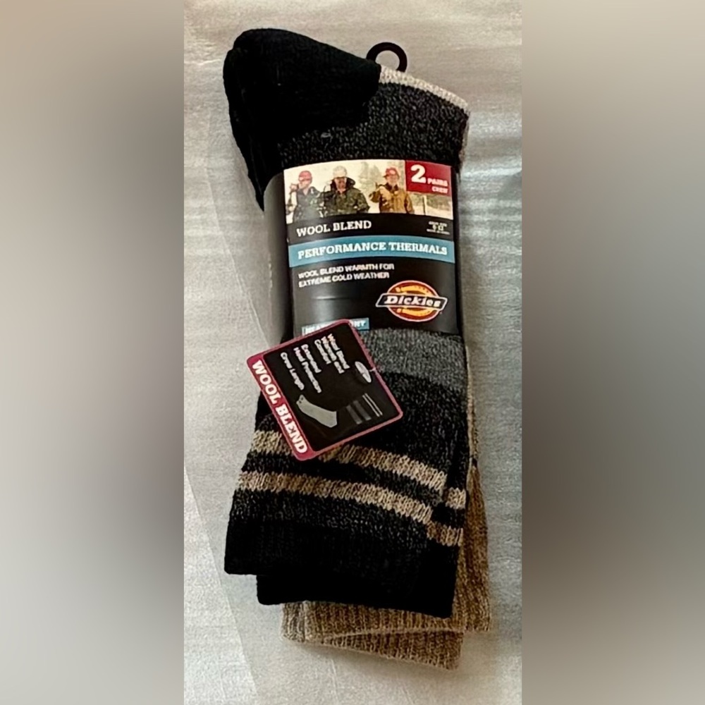 NEW Dickies Wool Blend Performance Thermal Crew Socks (2 pairs) - Black/Tan